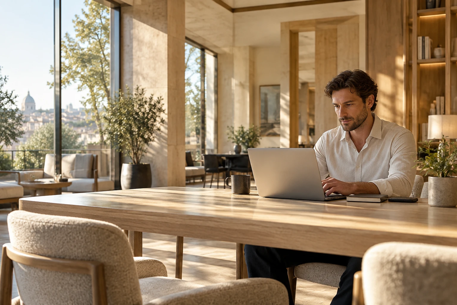Business operator reviewing payment operations on a laptop in a sunlit workspace