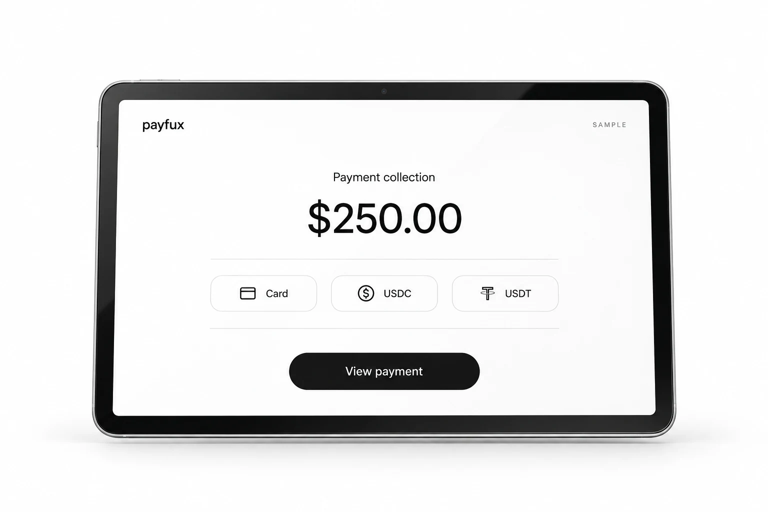 Realistic silver tablet displaying a sample Payfux card and crypto payment interface